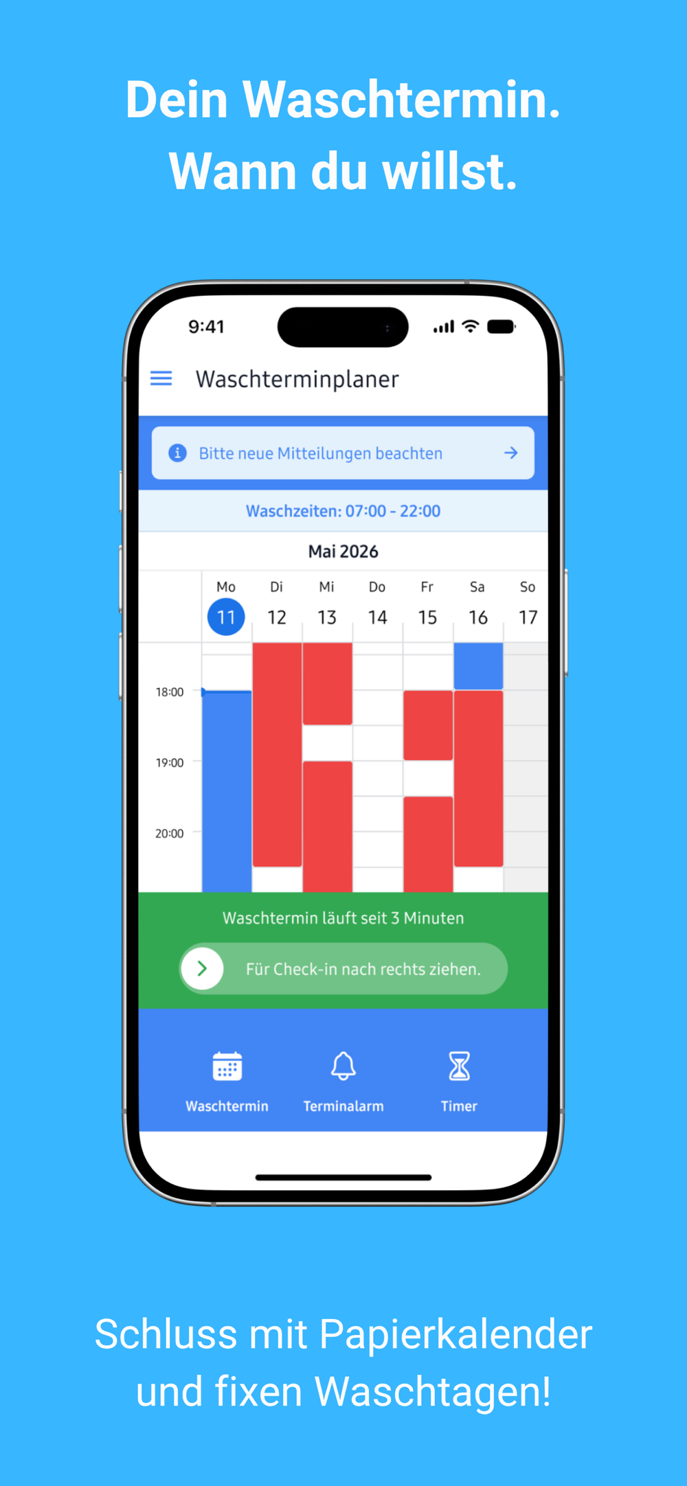 OWKTP App: Wochenkalender mit freien und belegten Waschterminen