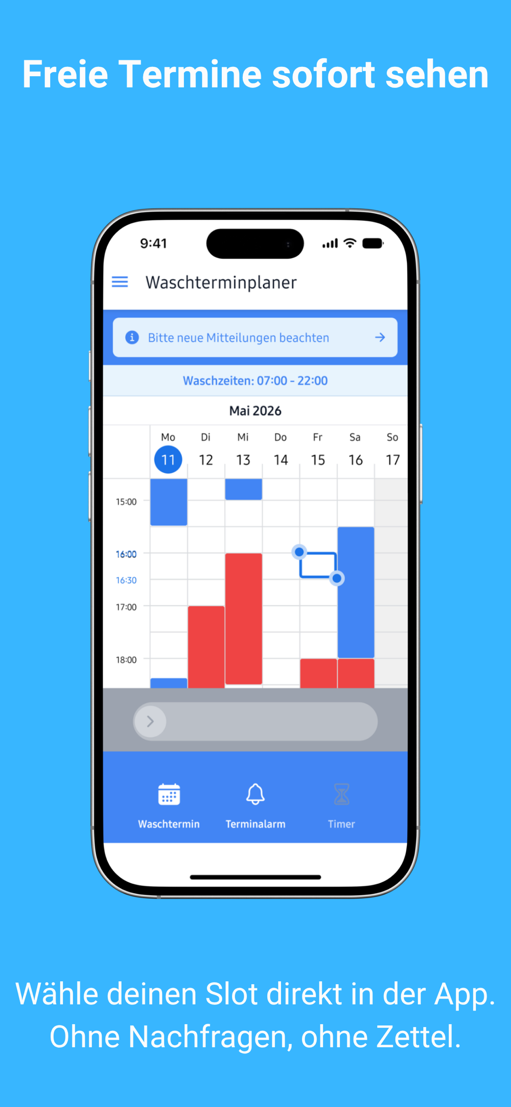 Wochenkalender der App: freie Termine blau, belegte rot, Slot per Ziehen auswählen