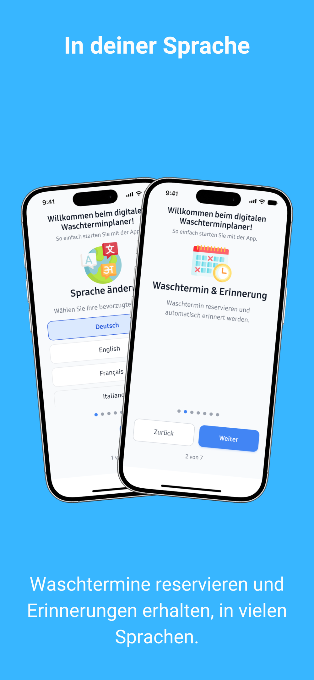 Onboarding-Screens zur Sprachwahl mit Deutsch, English, Français, Italiano