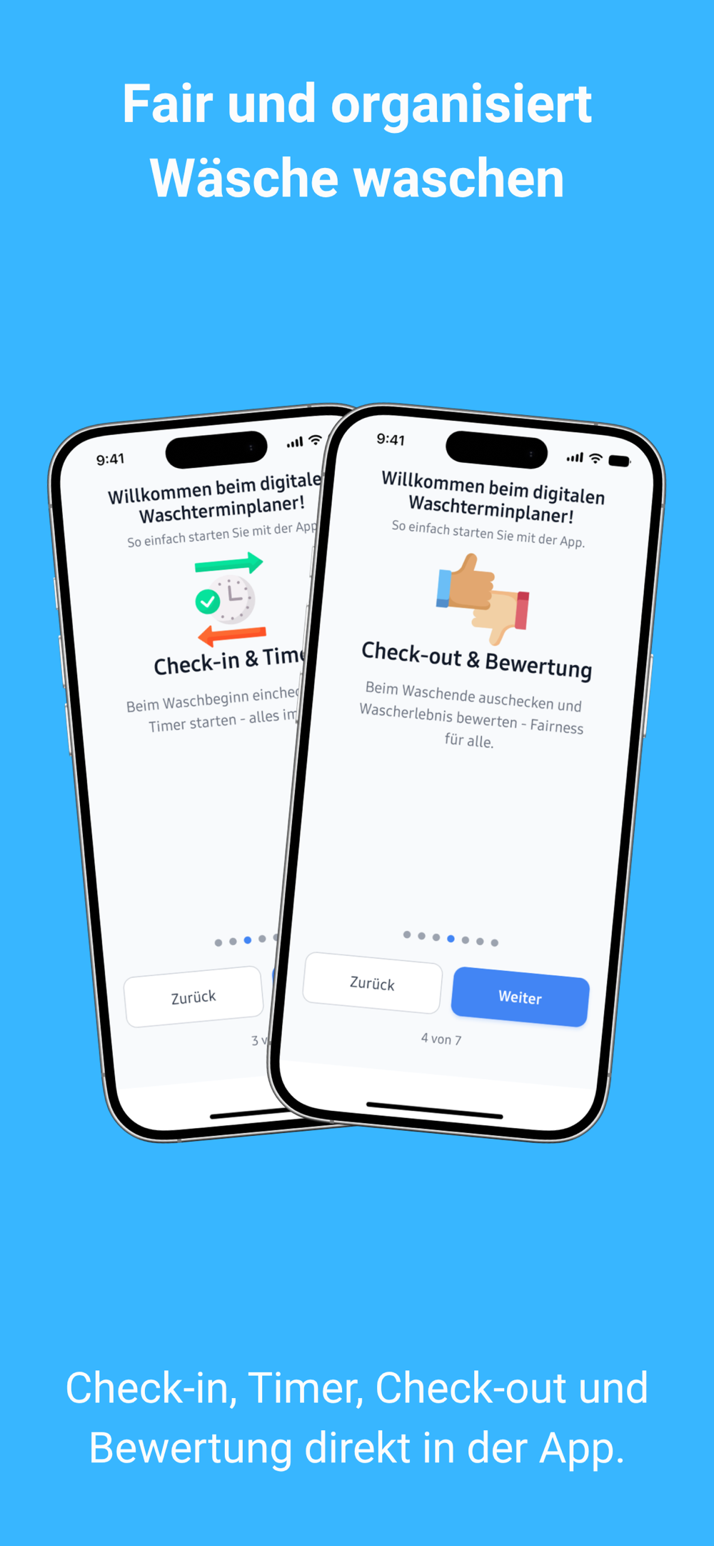 Onboarding-Screens zu Check-in mit Timer sowie Check-out mit Bewertung
